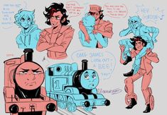 an image of some cartoon characters with different expressions on their faces and body, including a train