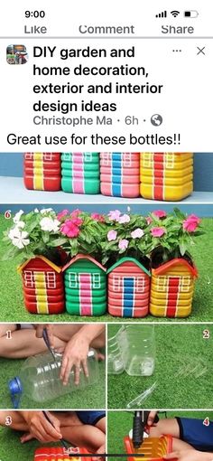 the instructions for how to make a garden and home decoration with plastic cups, vases and