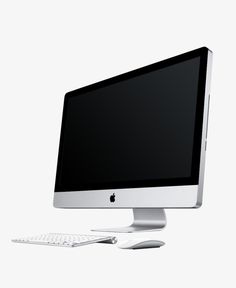 an apple desktop computer sitting on top of a white desk next to a keyboard and mouse