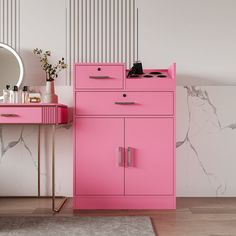 a pink dresser and mirror in a room