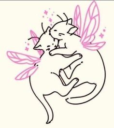 a drawing of a cat hugging a fox with wings on it's back, and stars in the background