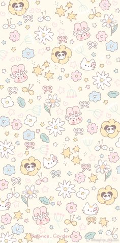 a wallpaper with many different types of cartoon characters on it's surface, including stars and clouds