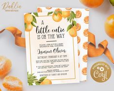 an orange themed baby shower is on the way