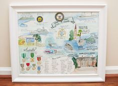 a white frame with a map drawn on it