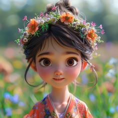 a close up of a doll with flowers in her hair