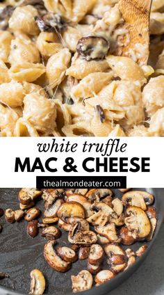 white truffle macaroni and cheese is being cooked in a skillet