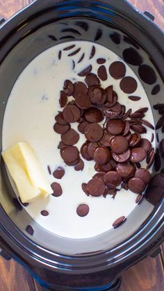 chocolate chips and milk in a slow cooker