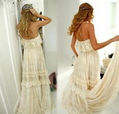 two pictures of a woman in a white dress looking at herself in the mirror and wearing a flowered headband