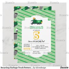 a green and white birthday party card with tractor on it's back, in the middle