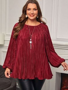 Plus Lantern Sleeve Plisse Tee Burgundy Casual  Long Sleeve Knitted Fabric Plain  Slight Stretch  Women Plus Clothing, size features are:Bust: ,Length: ,Sleeve Length: Christmas Burgundy, Classy Blouses, Dress Design Patterns, Ladies Shirts, Printed Sleeveless Top, Design Patterns, Lantern Sleeve, Dress Design, Lantern Sleeves