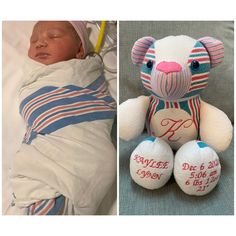 a baby is sleeping next to a stuffed teddy bear with the birth date on it