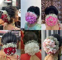 four pictures of different hairstyles with flowers in the back and on their sides