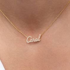 This 14k personalized diamond name necklace is the perfect gift for the bridal party, someone special, or yourself. How to order1- Pick the fonts you like and send us a message2- We will send you a picture of your name with the fonts you chose3- If you like it any of them, place your order.4- We send a final 3d mock up for approval.5- Once approved we go ahead and finish your necklace. Each piece is accompanied by an Azalea Certification and Warranty card, ensuring that you receive a high-qualit Diamond Name Necklace, Western Necklace, Shoe Storage Shelf, Body Form, Gold Diamond Jewelry, Special Jewelry, Quilted Coverlet, Fireplace Accessories, Dream Jewelry