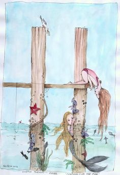 a drawing of two mermaids hanging from wooden posts