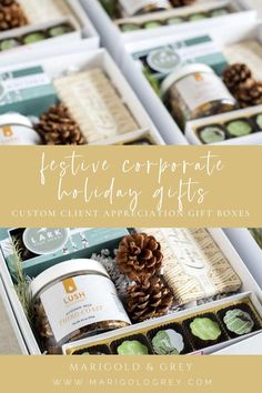 several boxes filled with candles and pine cones on top of each box is the title text, festive corporate holiday gifts custom client appreciation gift boxes