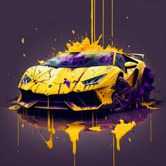 a yellow and purple car with paint splatters on it