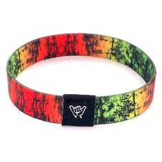 "Every little thing is gonna be alright wearing this weathered Rasta colored band. Available sizes: Extra Small 5.5\" Small 6.5\" Medium 7.5\" Anklet 9\" 3/8\" Width Reversible surf, music and beachy prints. Elastic blend material, can stretch to desired fit. Packaged in natural drawstring gift pouches. Machine washable. Chlorine and saltwater safe." Casual Band Bracelets For Friendship, Adjustable Band Bracelet Casual Style, Adjustable Casual Band Bracelet, Adjustable Casual Wristband, Casual Multicolor Bracelets, Casual Adjustable Wristband, Adjustable Multicolor Wristband For Summer, Adjustable Festival Wristband, Adjustable Band Wristband For Festivals