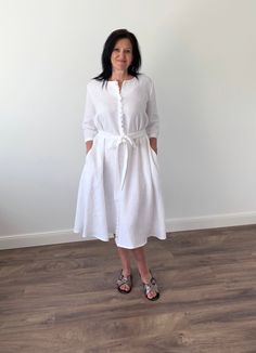 Handmade, oversized linen dress with pockets and 3/4 sleeves. Suitable for maternity. Very comfortable linen summer dress. Made with love for You. *100% local medium weight organic linen *Suitable for maternity *Each item is individually cut and sewn by order *The model is wearing size XL, dress color - White *The model height is 172 cm *Note that colors may look different on your display depending on their settings and technical characteristics. Please let us know if you need different measurem Daywear Linen Dress With 3/4 Sleeves, Linen Dress With 3/4 Sleeves For Daywear, White Linen Spring Dress With Pockets, Linen Loose Dress, Linen Summer Dress, White Linen Blouse, White Linen Dress, White Clothes, White Linen Dresses