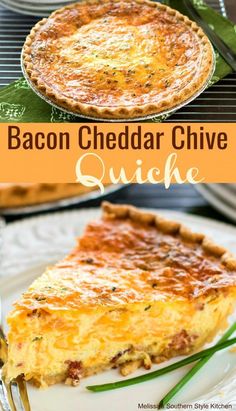 bacon cheddar chive quiche on a white plate