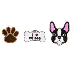 three enamel pins with dog's paw and i love my dog on them