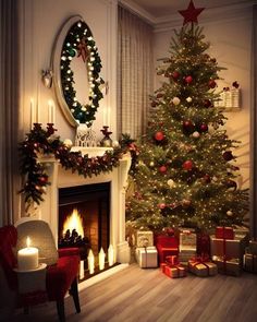 a decorated christmas tree in front of a fireplace