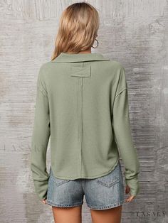 Lasaky - Sensual Long-Sleeved Clothing Ensemble Collared Loungewear Tops For Fall, Collared Fall Loungewear Tops, Non-stretch Fall Tops, Non-stretch Solid Color Tops For Fall, Versatile Collared Tops For Fall, Casual Green Blouse For Winter, Versatile Long Sleeve Solid Color Top, Green Non-stretch Tops For Winter, Versatile Solid Color Long Sleeve Top