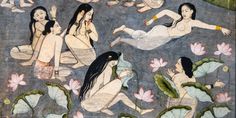 an image of some women in the water with lily pads and flowers on it's surface