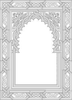 an intricate design in black and white, with a large window at the end of it