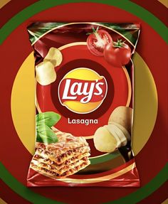 lays potato chips with tomato and basil on the side in front of a circular background