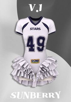 a football uniform with ruffles on the bottom and stars on the front, as well as words underneath it