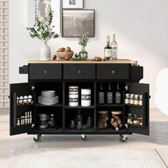 a kitchen island with lots of spices and condiments