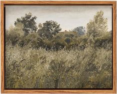 an oil painting of trees and grass in a wood frame