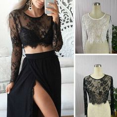 Women's Lace Floral Long Sleeves Mesh Sheer Crop Top Sexy Short T-Shirt Blouse | eBay Long Sleeve Lace Crop Top For Party, Lace Party Crop Top, Lace Crop Top For Parties, Long Sleeve Lace Crop Top For Summer, Long Sleeve Lace Crop Top, Long Sleeve Mesh Bodysuit, Gothic Women, Summer Long Sleeve, Transparent Top