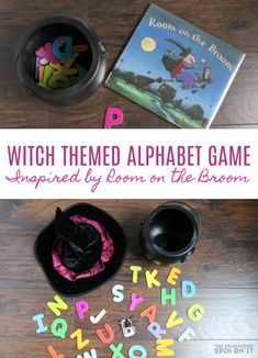 the witch themed alphabet game is shown with letters and numbers on the wooden floor next to it