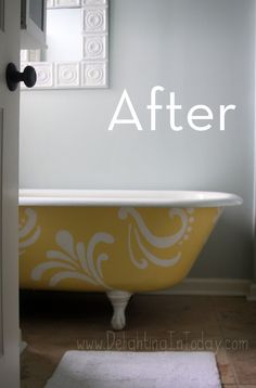 an old bathtub with the words before and after painted on it's side