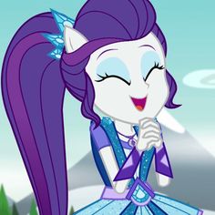 a cartoon character with long purple hair wearing a dress and holding her hand up to her mouth