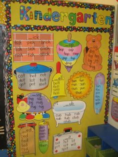 a bulletin board with words and pictures on it in a classroom setting for children to read