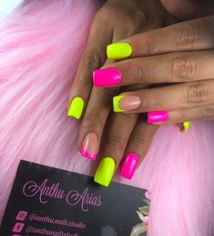 Neon Nail Designs Acrylics Summer, Bright Neon Pink Nails, Neon Nails Glitter, Neon Purple Nail Designs, Trendy Neon Nails, Neon Pink And Purple Nails, Trendy Nails Gel Summer, Fun Bright Nails Summer, Bright Nails For Summer Neon