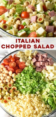 two bowls filled with different types of pasta salads and the words, italian chopped salad