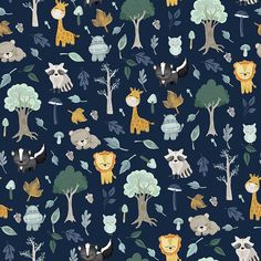 an animal themed wallpaper with trees and animals in the forest on a dark blue background