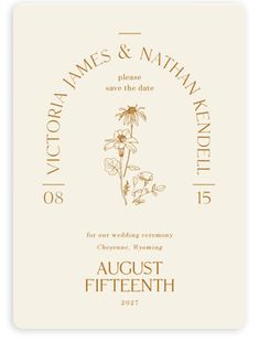 a wedding card with the words, victoria james and nathan mitchell on it's back