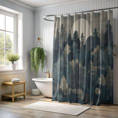 a bath room with a tub and a shower curtain