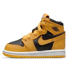 The Nike Air Jordan 1 Retro High OG 'Pollen' TD is a must-have for any little sneakerhead. This condensed version of the iconic Air Jordan 1 features classic color blocking with a black leather base and yellow overlays. The Nike Swoosh is also done in yellow to complete the look. Other details include a woven Nike tag on the tongue and a Wings logo on the lateral collar flap. The midsole is crisp white and is supported by a grippy yellow rubber outsole. Get your little one this sneaker and they'll be stepping out in style. (AJ1/SNKR/Non-Slip/High Top/Basketball/Shock-absorbing) Retro Basketball Shoes, Nike Air Jordan 1 Retro, Wings Logo, Air Jordan 1 Retro High Og, Air Jordan 1 Retro High, Nike Air Jordan 1, Air Jordan 1 High, Kids Jordans, Nike Swoosh