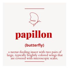 the words papillin butterfly are in red and black on a white background