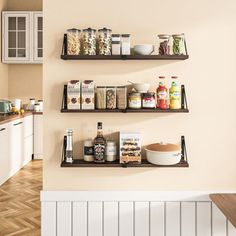 three shelves with food and condiments on them