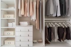 an organized closet with clothes and linens hanging on the rails, drawers, and shelves