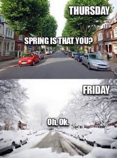 two pictures with cars parked in the street and one has snow on it, while the other