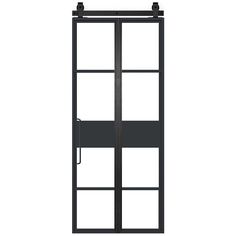 an open glass door with metal bars on the bottom and side panels, in front of a white background