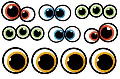 an assortment of different colored eyes with black circles and orange dots on the bottom half