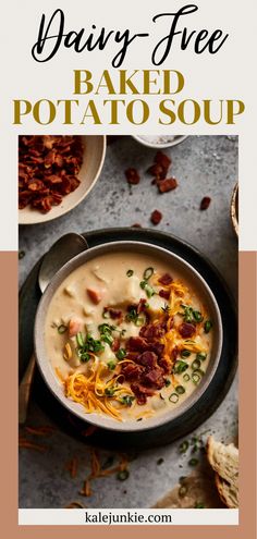 a bowl of baked potato soup with bacon and cheese